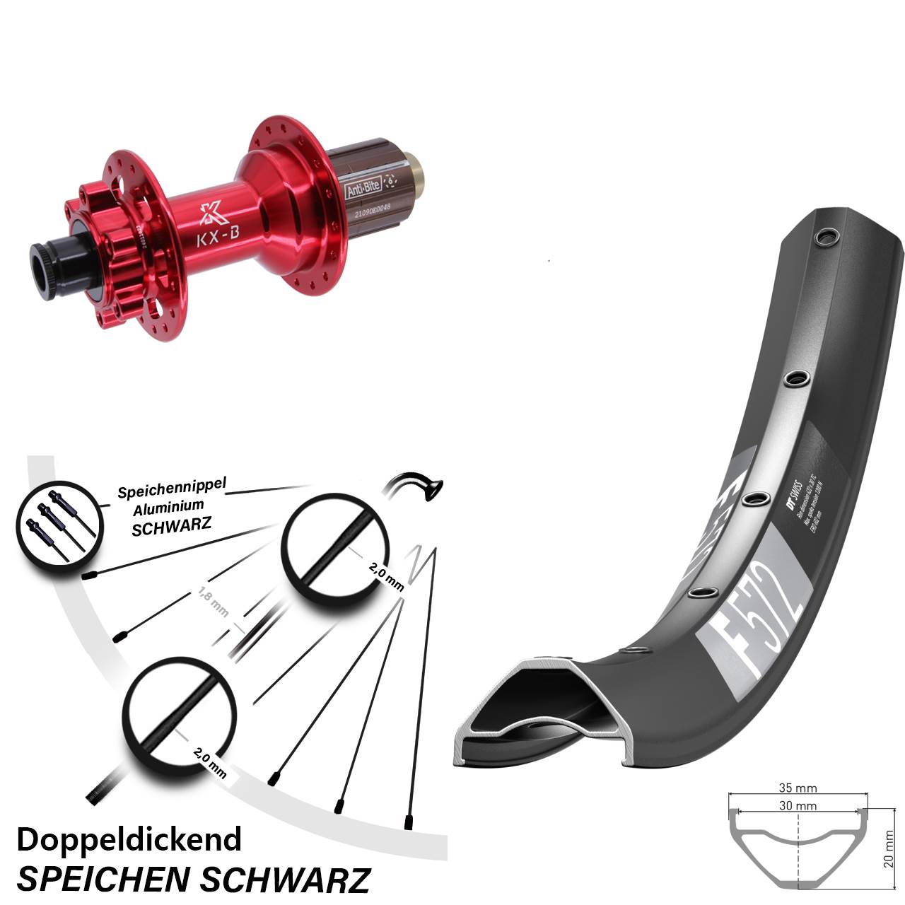 27,5 Zoll DT Swiss F572 Hinterrad KX-B rot 6-Loch 12x148