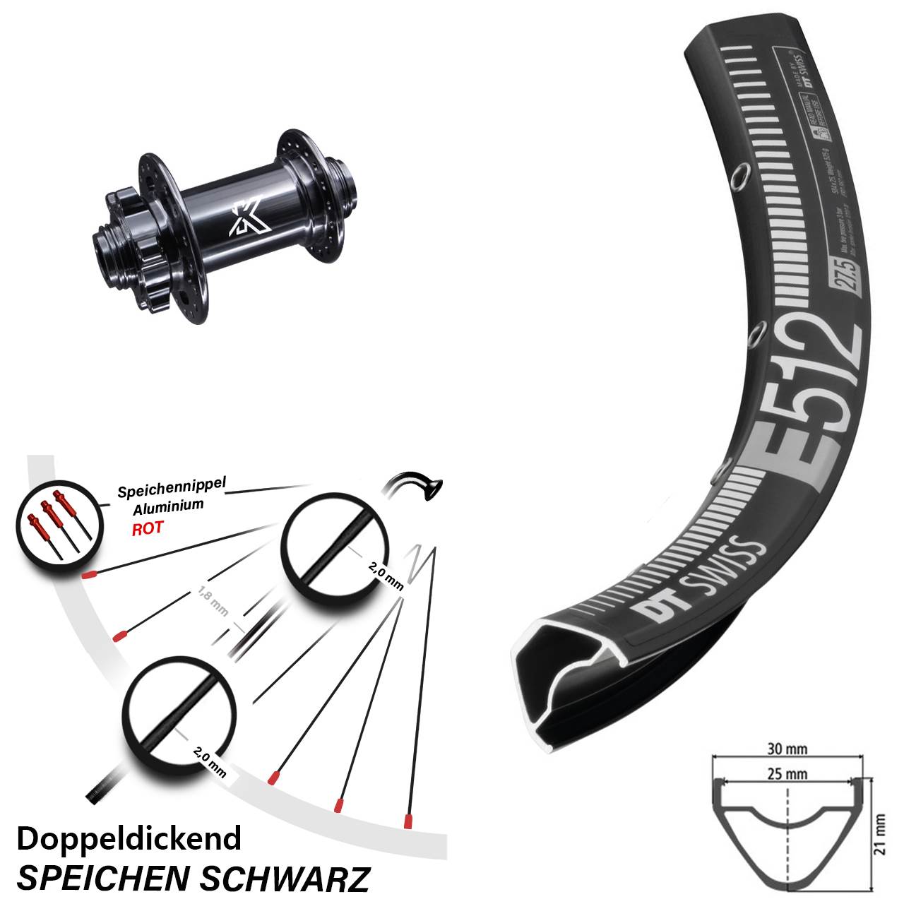 DT Swiss E512 KX-M 27,5 Zoll Vorderrad 6-Loch 15x100