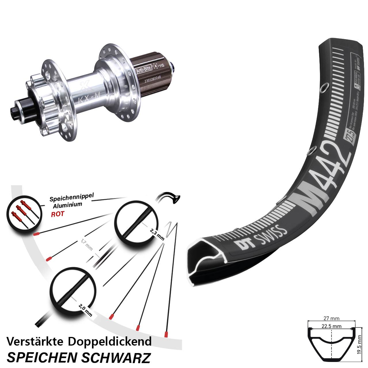 28-29 Zoll DT Swiss M442 KX-M 6-Loch Hinterrad QR 8-12 fach HG