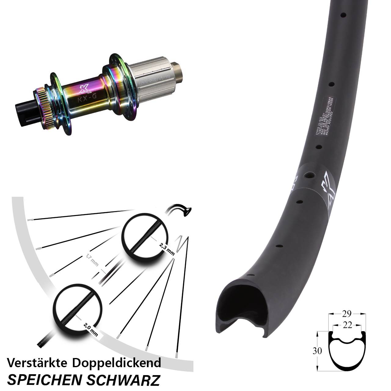 Centerlock Hinterrad 12x142 29 Zoll KX-GRC Carbon verstärkt Oilslick 8-12 fach HG