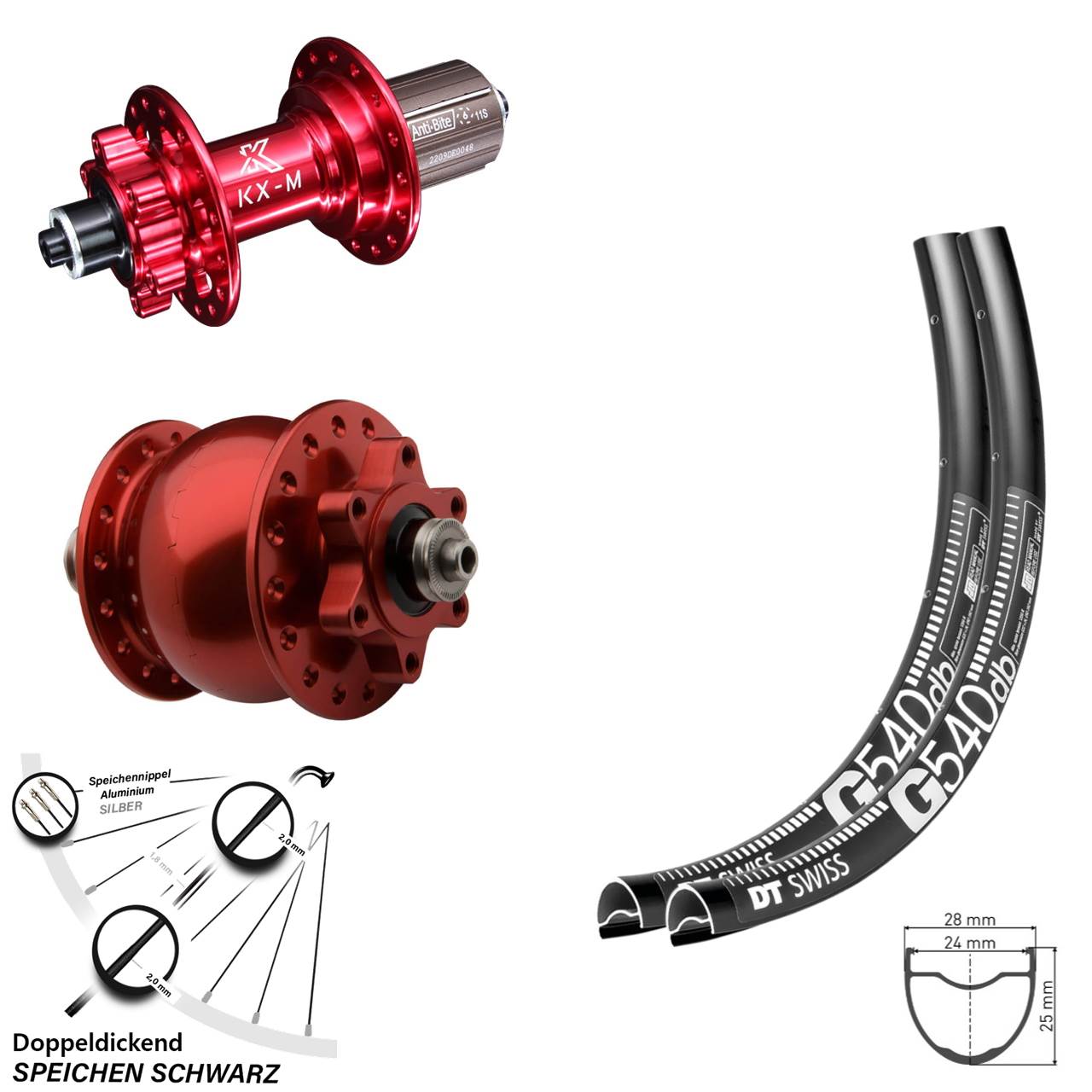 Laufradsatz DT Swiss G 540 Gravel KX-M 6-loch rot 11-fach Schnellspanner Dynamo SON 28