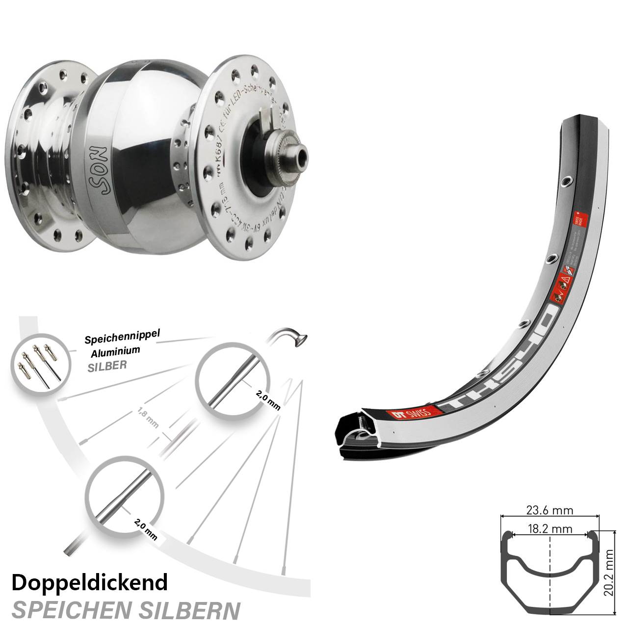 28 Zoll Vorderes Rad mit Nabendynamo DT Swiss TK 540 SON delux Wide Body silbern poliert