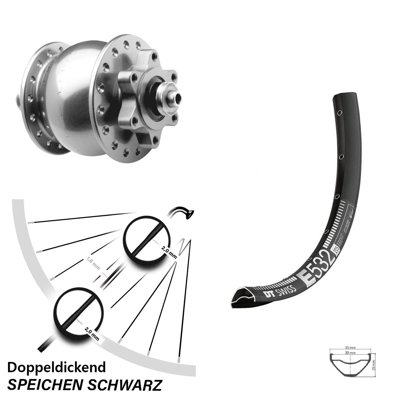 6-Loch Dynamo-Vorderrad 27,5 Zoll DT Swiss E 532 SON 28 QR