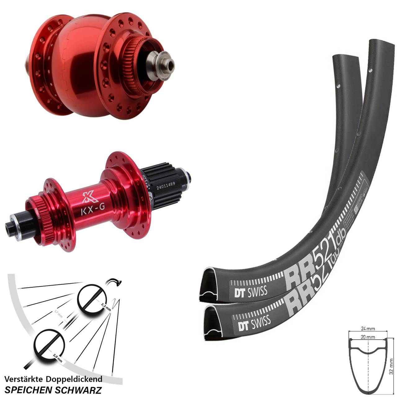 Disc Laufradsatz 28 Zoll DT Swiss RR 521 KX-G SON delux rot Micro Spline QR
