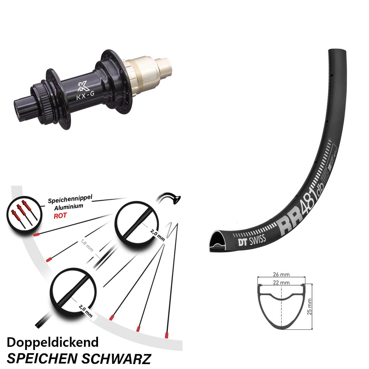 28 Zoll Hinterrad DT Swiss RR 481 Road Disc KX-G Centerlock Sram XD-R 12x42 mm 24 Speichen