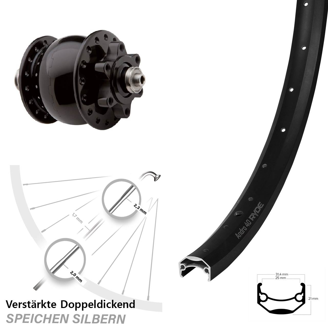 Nabendynamovorderrad 6-Loch 26 Zoll Ryde Andra 40 SON 28 für Schnellspanner