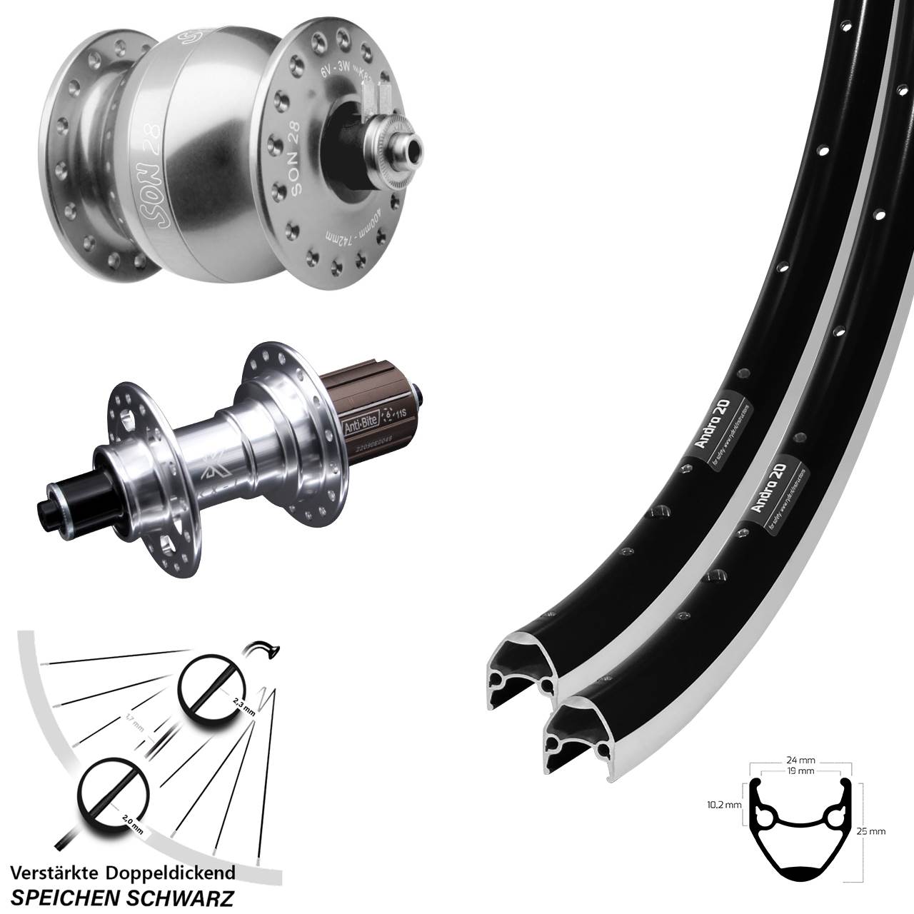 Laufrad-Satz SON 28 Zoll Ryde Andra 20 KX-T silbern 8-12 fach HG für Schnellspanner