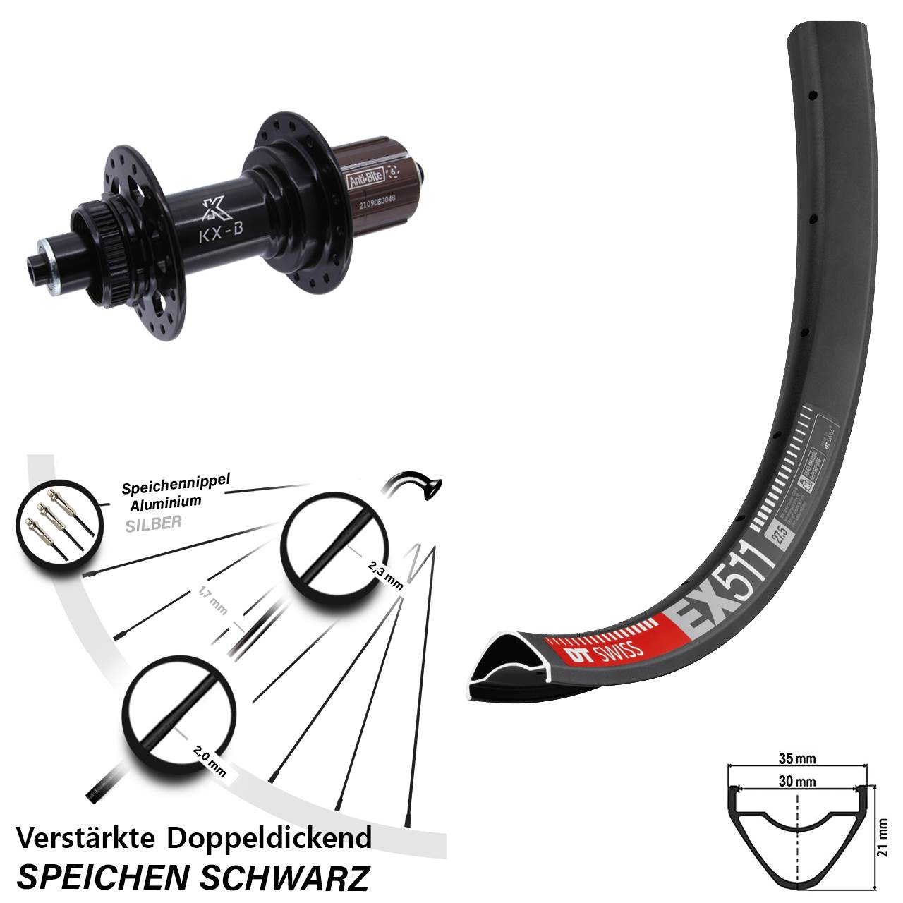 27,5 Zoll DT Swiss EX 511 KX-B 5x141 QR Centerlock Hinterrad 8-12 fach HG