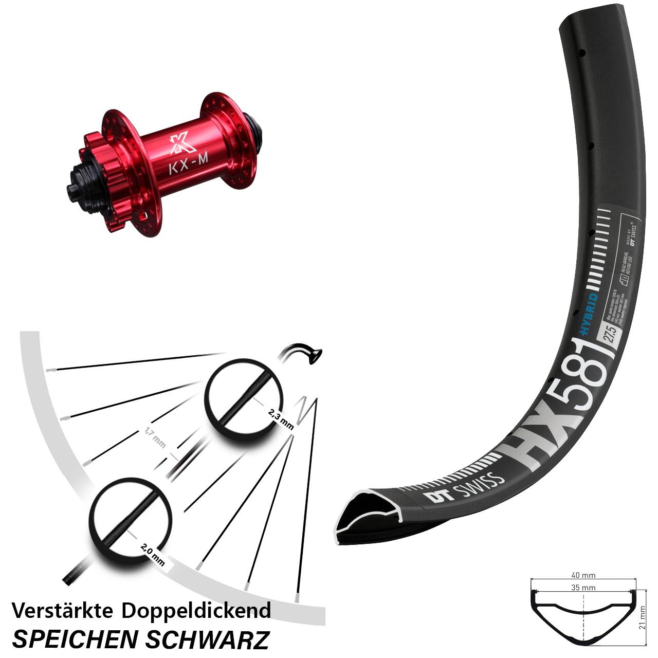 Vorderrad 6-Loch 27,5 Zoll DT Swiss HX 581 KX-M rot für Schnellspanner