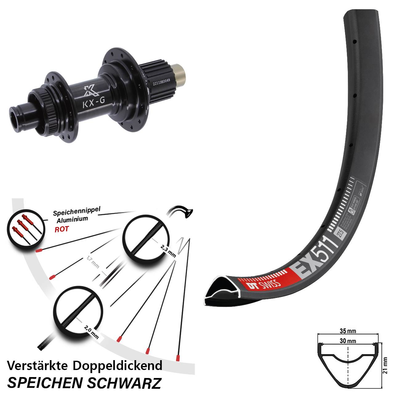 DT Swiss EX511 KX-G Steckachse 27,5 Zoll Hinterrad Centerlock 12x142 Micro Spline