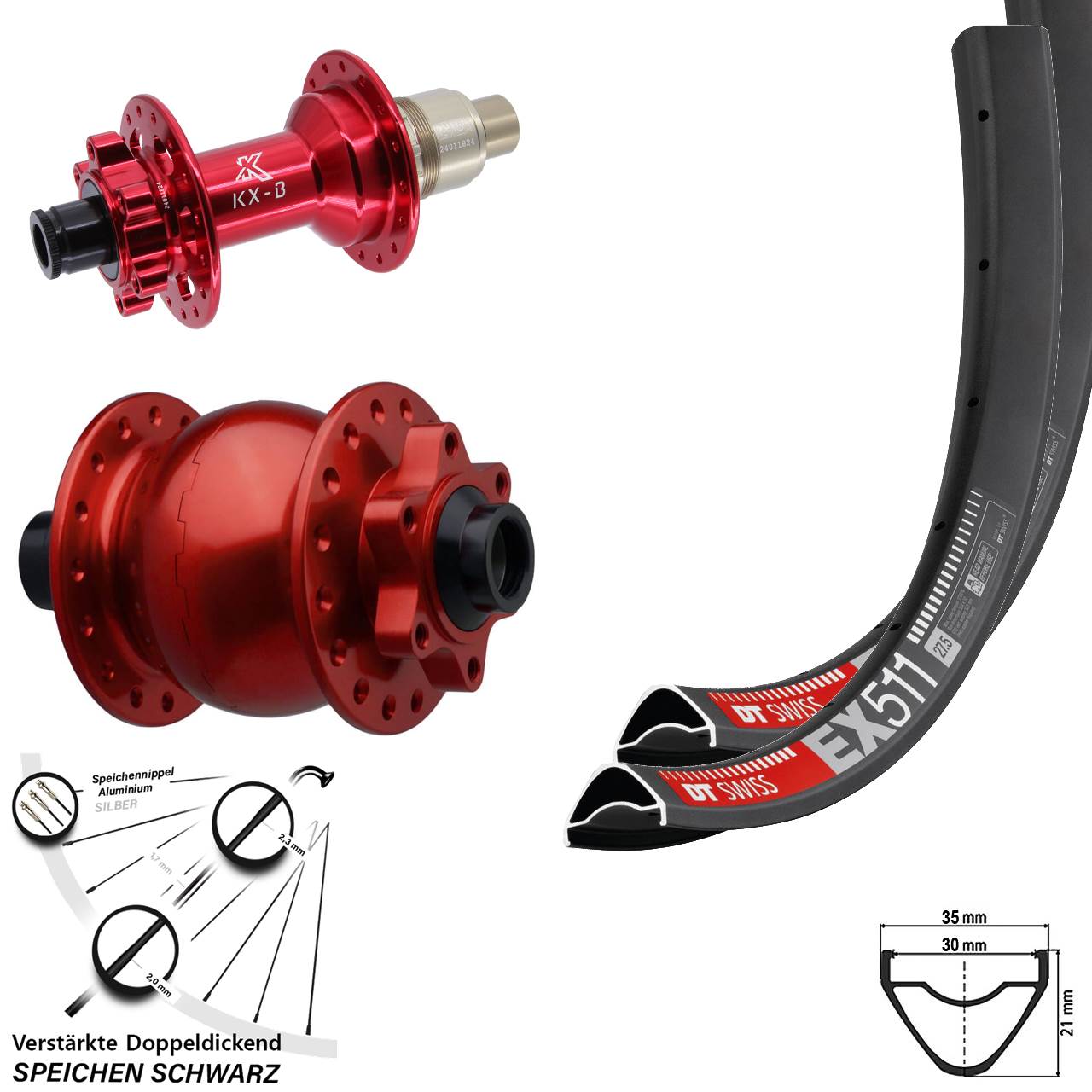 6-Loch Laufradsatz 29 Zoll DT Swiss EX511 KX-B rot SON 28 XD 15x110 12x148