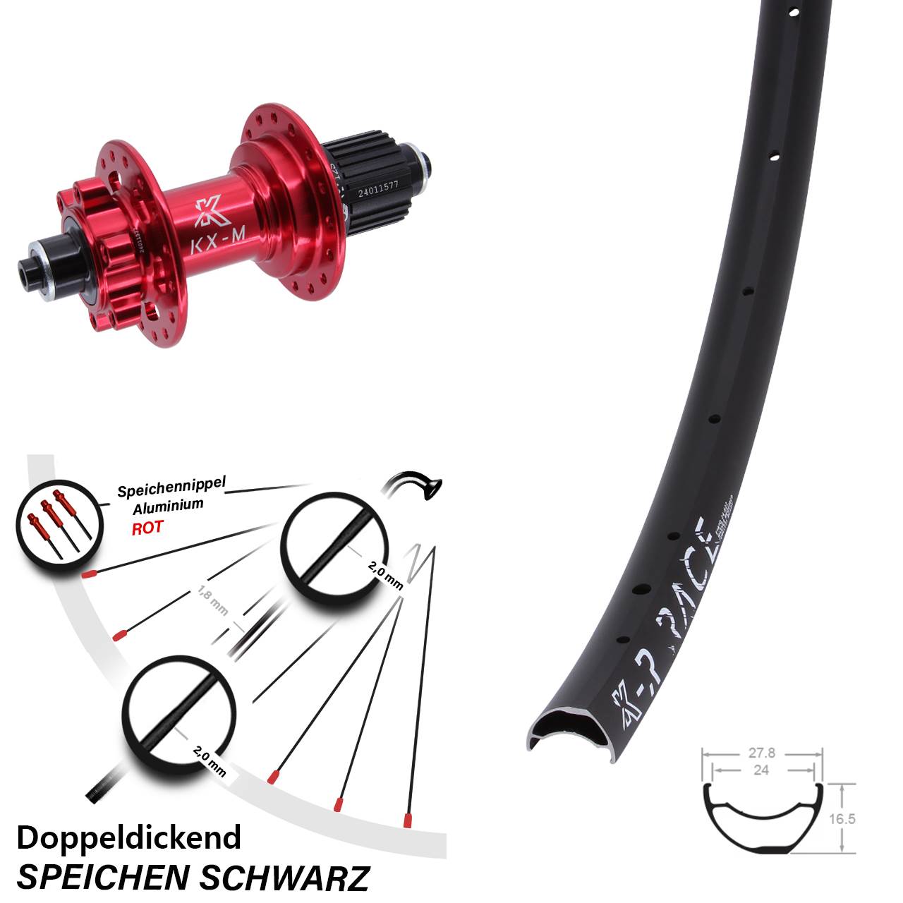 Hinterrad 6-Loch für Schnellspanner KX-MR Race 29 Zoll rot Micro Spline