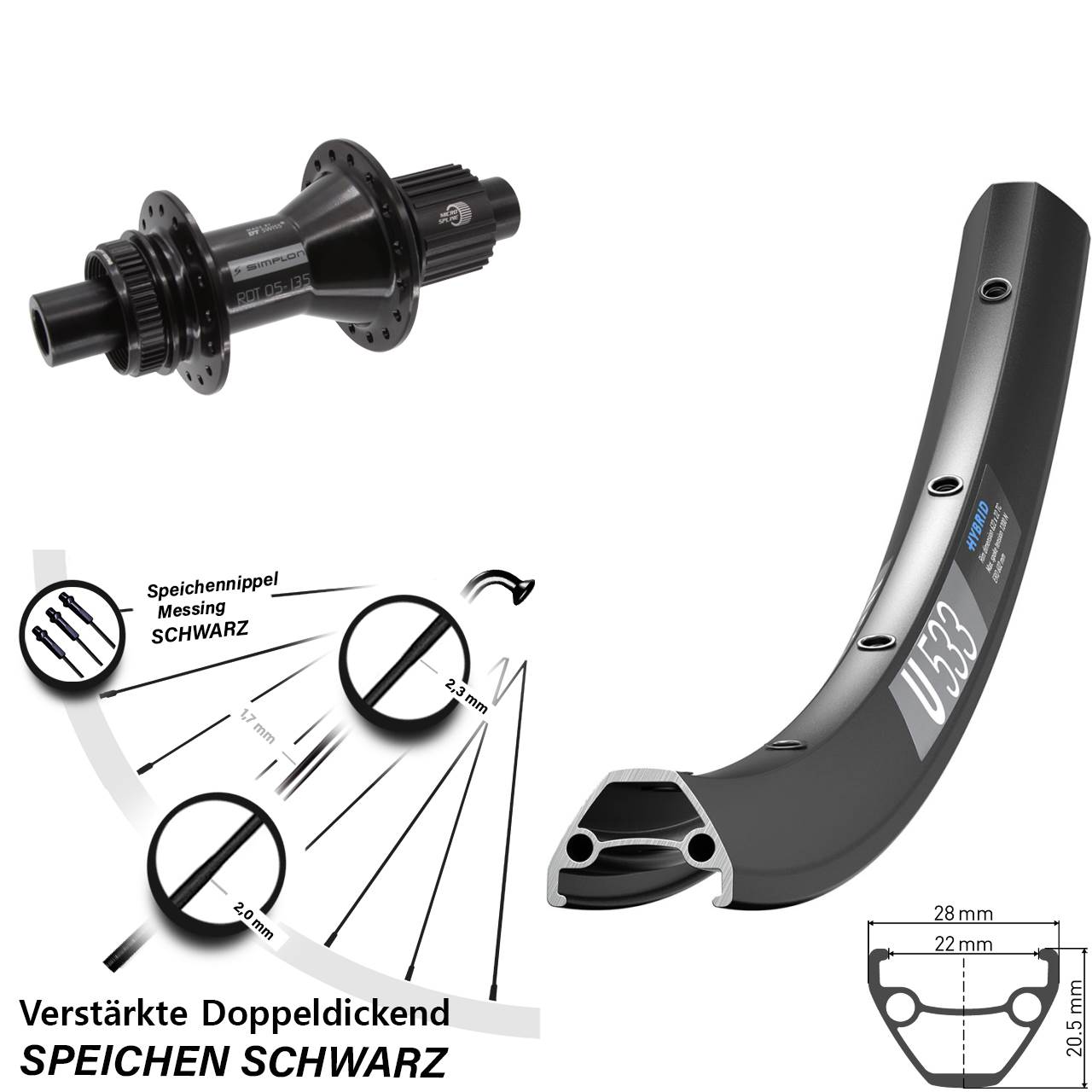 DT Swiss U533 370 Hybrid 27,5 Zoll Hinterrad Centerlock 12x142 Micro Spline