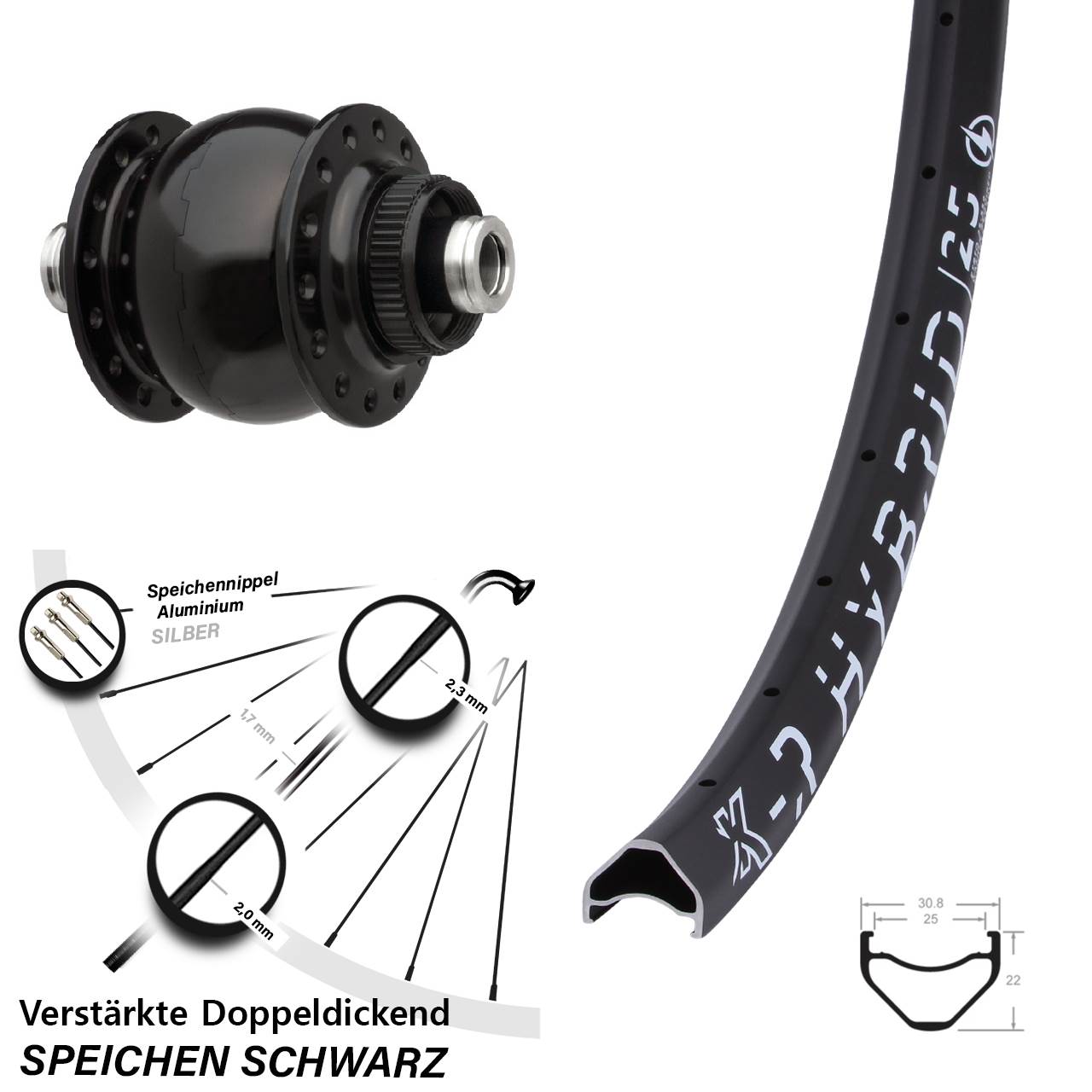Vorderrad 26 Zoll KX R Hybrid 25 SON 28 12x100 Centerlock schwarz eloxiert