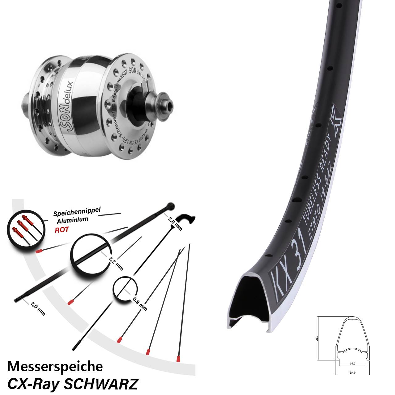 SONdelux poliert KX 31 28 Zoll Vorderrad mit Nabendynamo für Schnellspanner CX-Ray