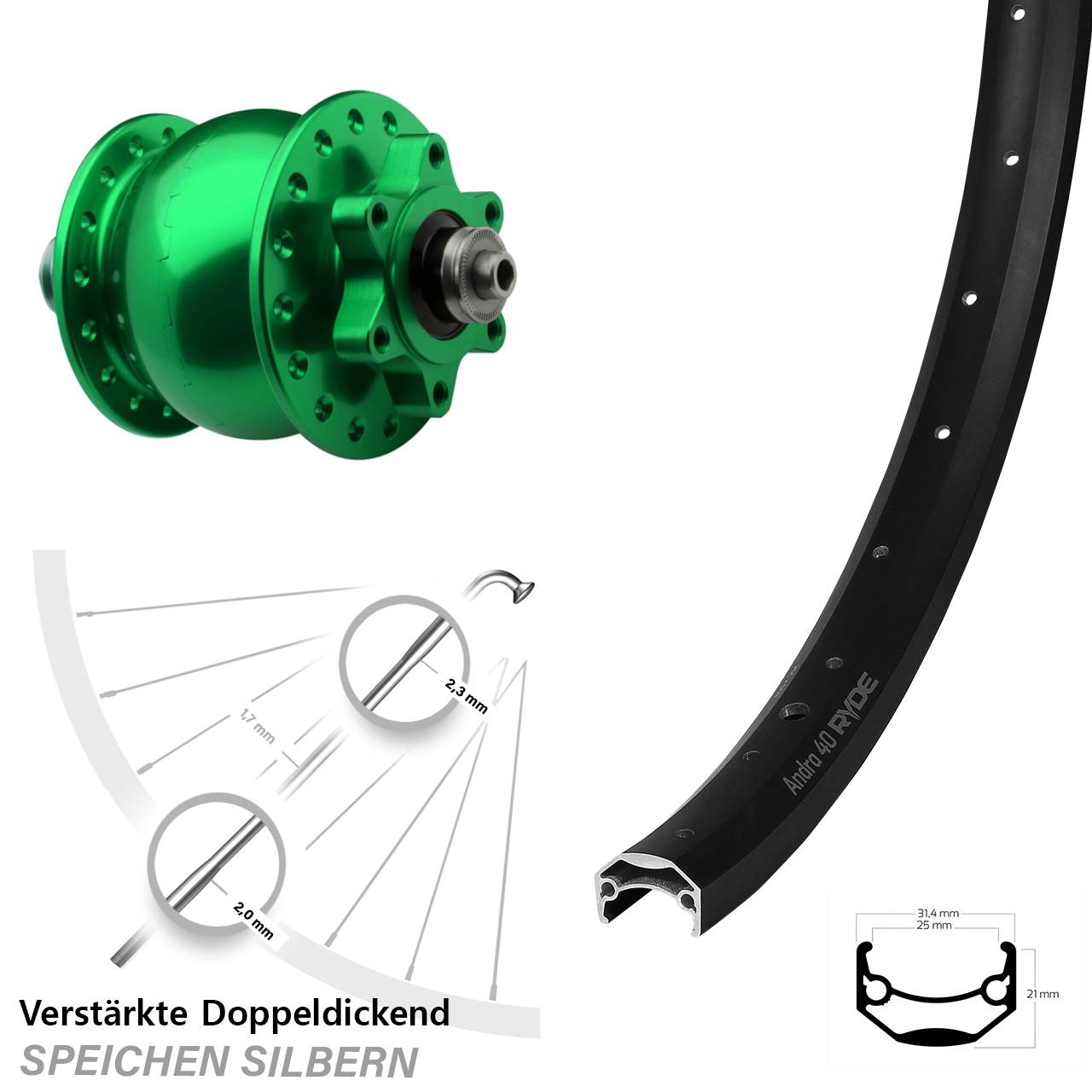 6-Loch Dynamo-Vorderrad 29 Zoll Ryde Andra 40 Disc SON 28 grün für Schnellspanner