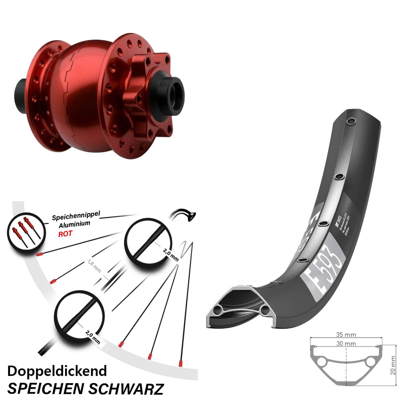 Disc Laufrad mit Nabendynamo 29 Zoll DT Swiss E593 SON 28 rot 15x100