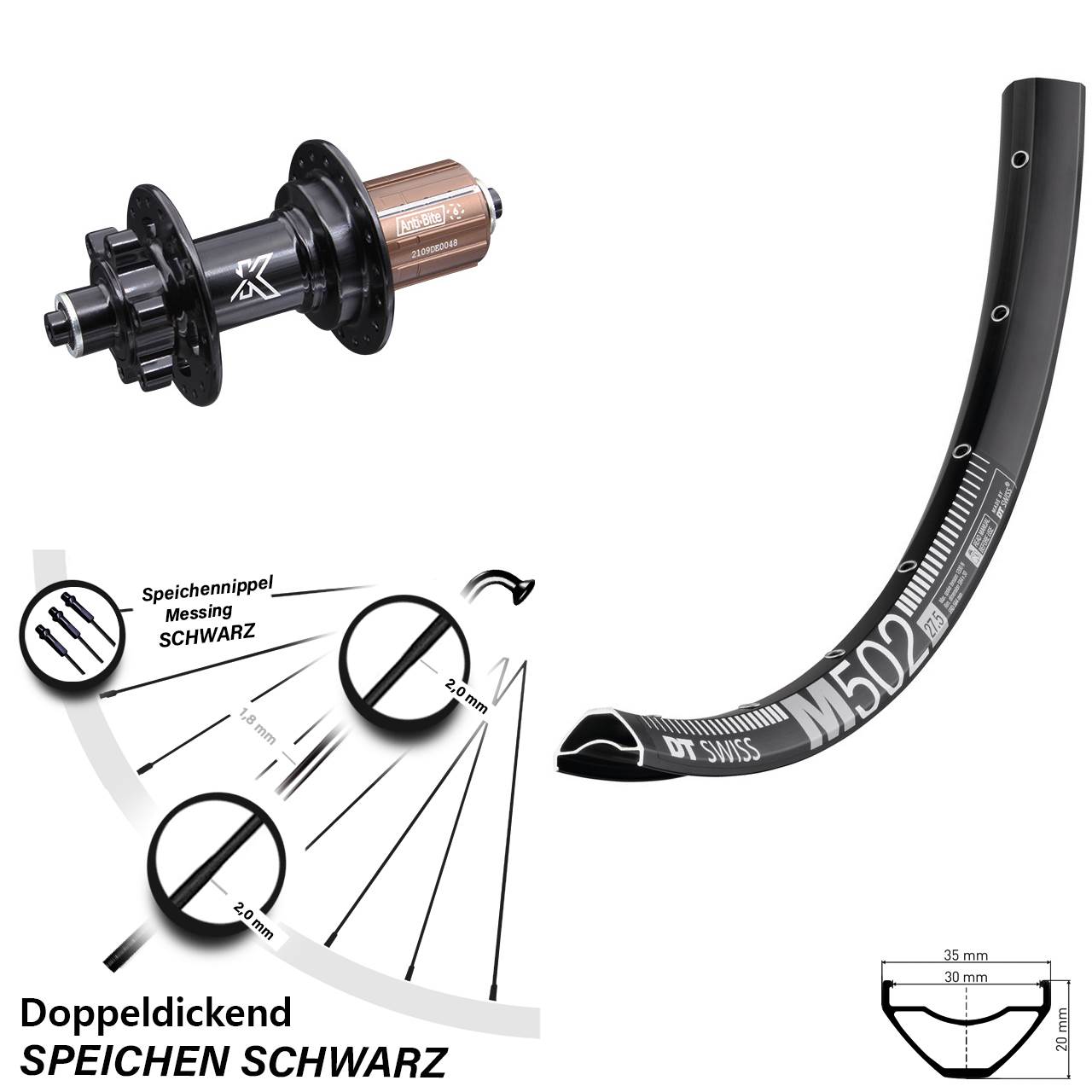 DT Swiss M502 KX-M 27,5 Zoll 6-Loch Hinterrad für Schnellspanner 8-12 fach