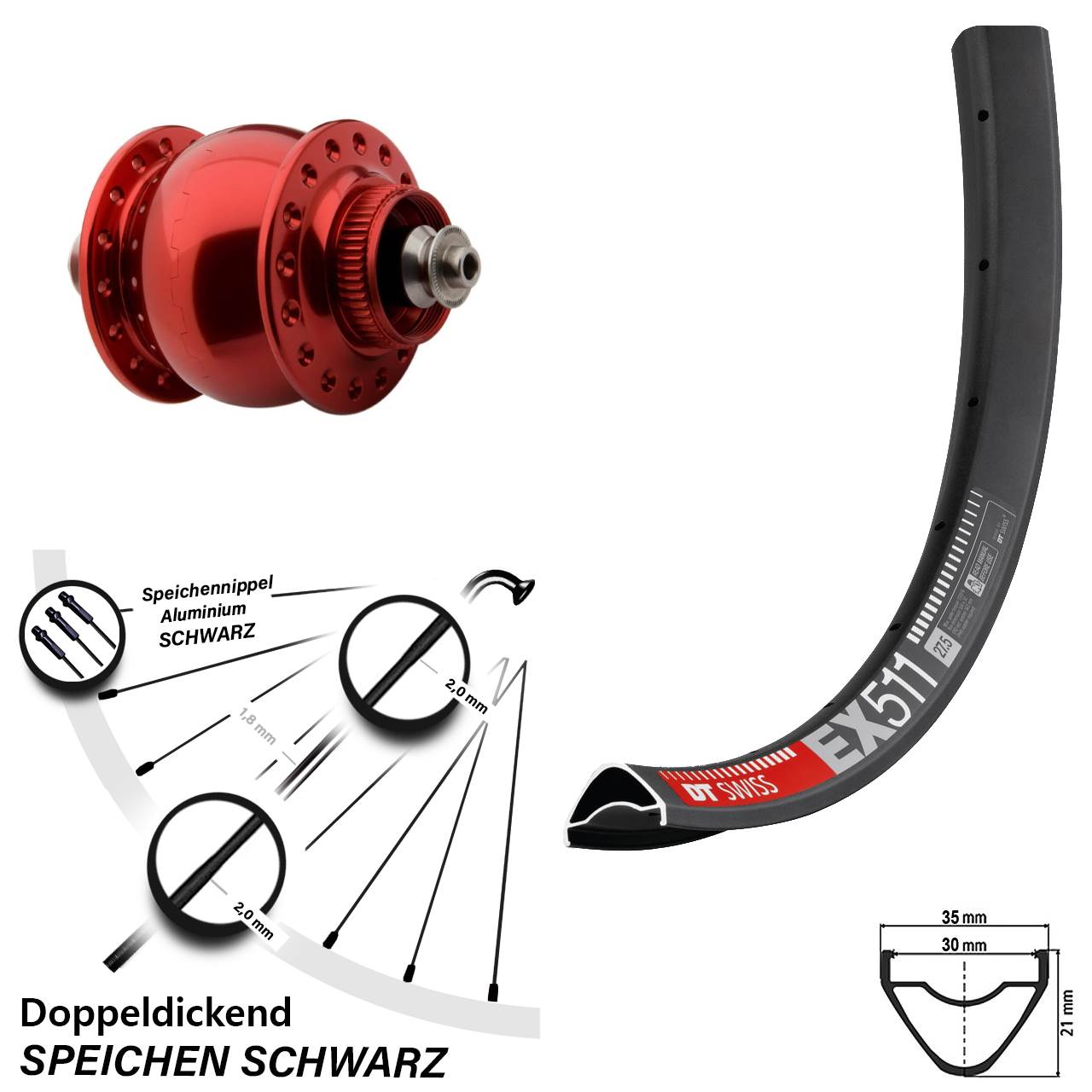Nabendynamo-Vorderrad Centerlock 27,5 Zoll DT Swiss EX 511 SONdelux rot für Schnellspanner