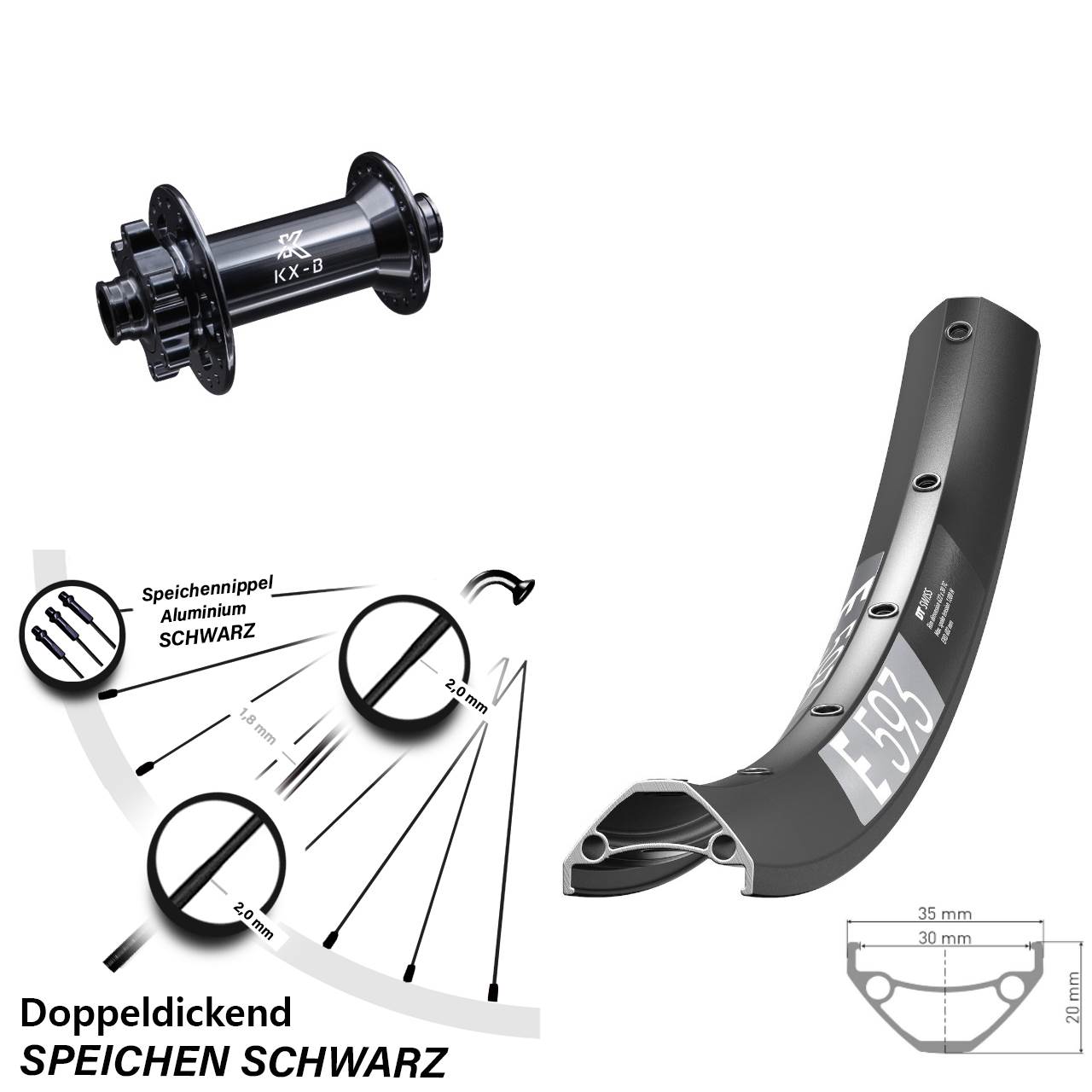 27,5 Zoll DT Swiss E593 Vorderrad KX-B 6-Loch Boost