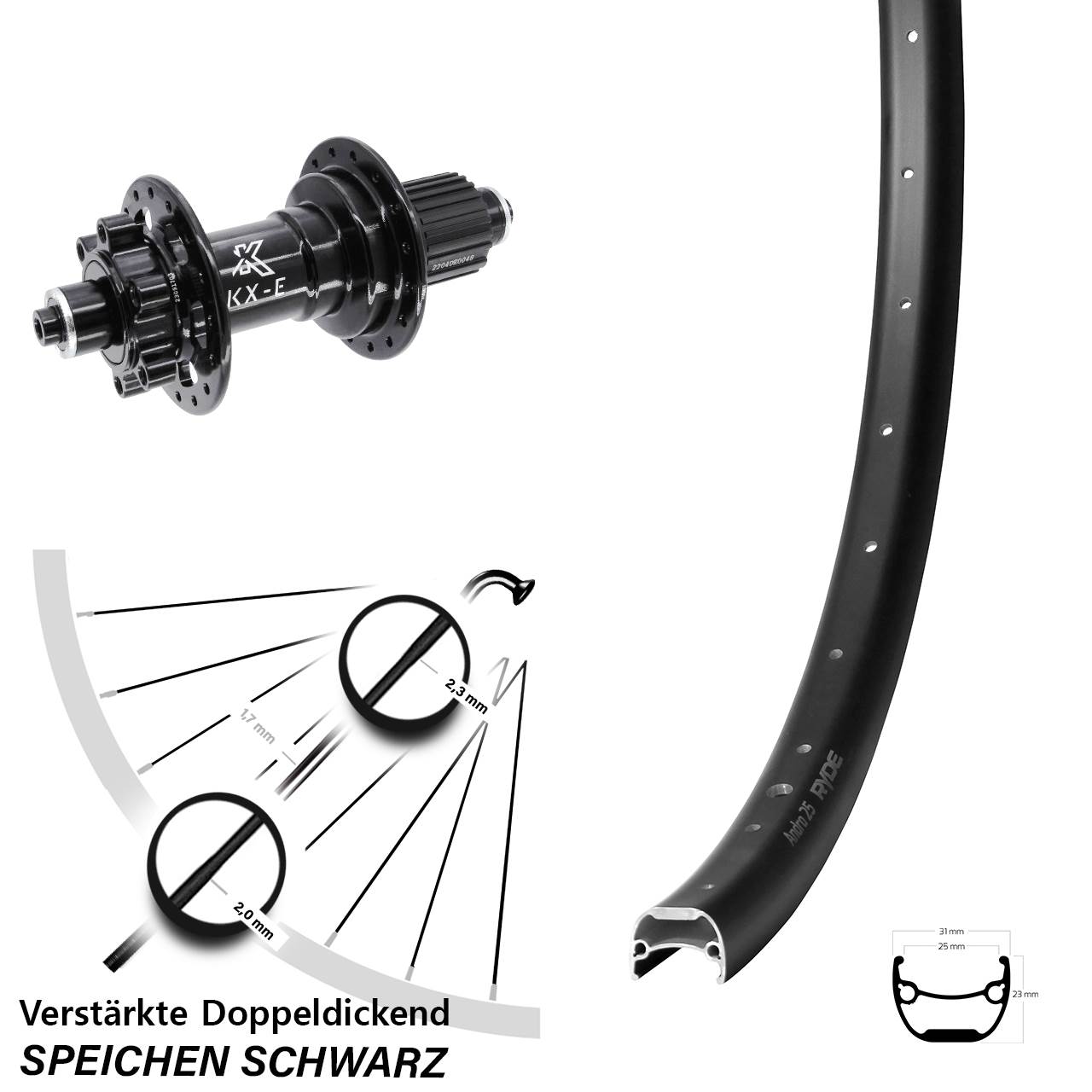 28-29 Zoll Ryde Andra 25 KX-E Boost Hinterrad 6-Loch für Schnellspanner Micro Spline