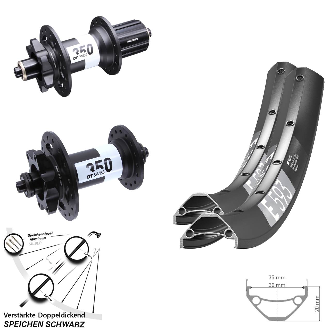 29 Zoll DT Swiss E593 350 Laufradsatz 6-Loch für Schnellspanner 8-11 fach HG