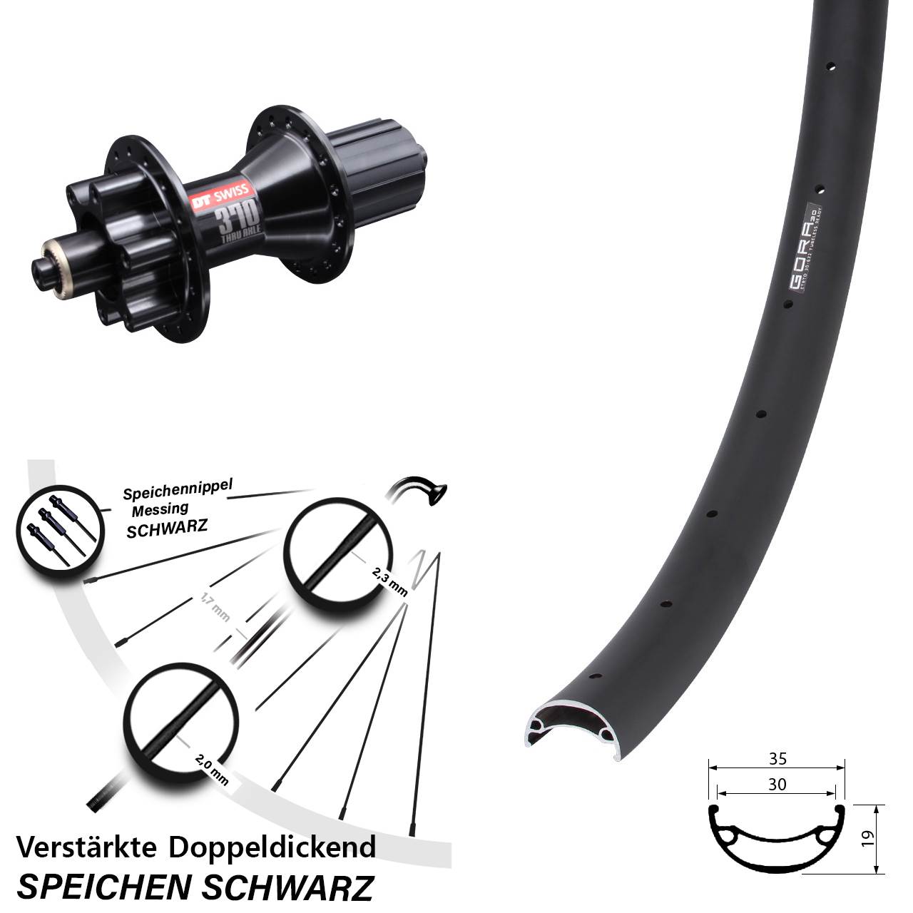 Gora 30 DT Swiss 370 Hybrid 20 Zoll Hinterrad 6-Loch für Schnellspanner 8-11 fach HG