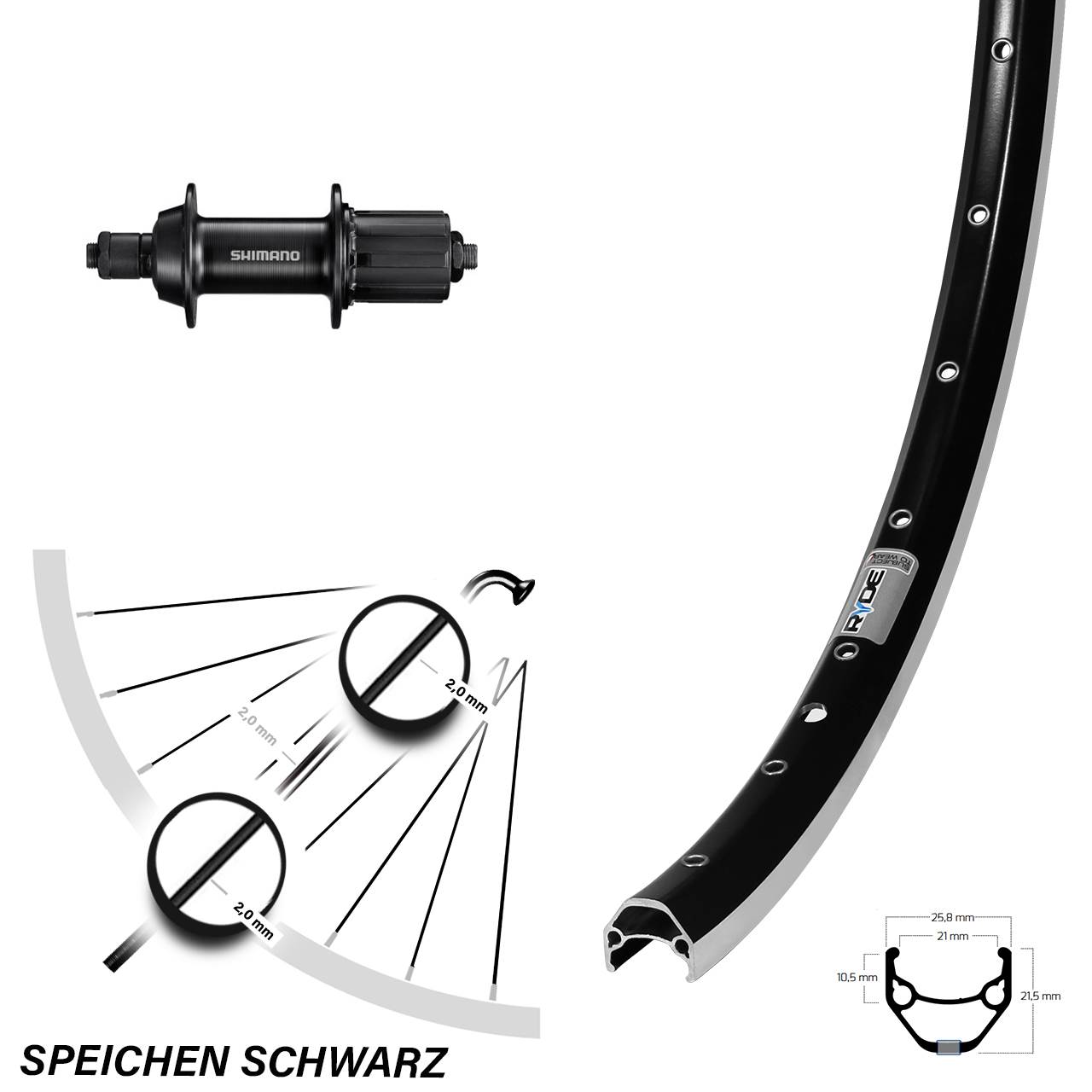 Laufrad 26 Zoll Ryde ZAC 421 schwarz Shimano FH-TY500 2,0mm 7 fach