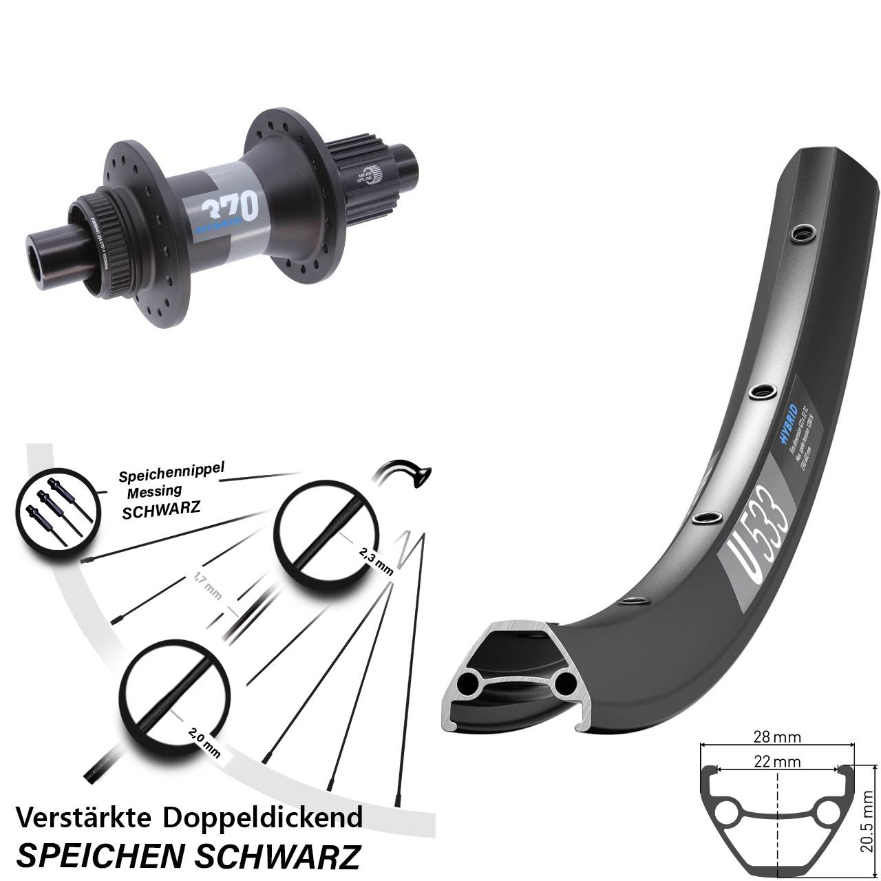 Hinterrad Centerlock 12x148 26 Zoll DT Swiss U533 370 Hybrid Shimano Micro Spline