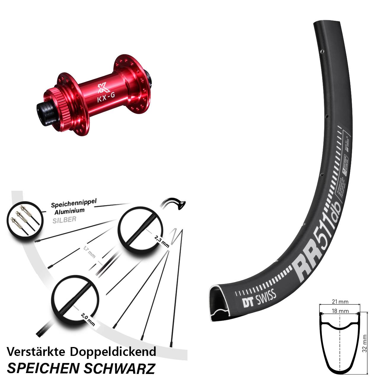 28 Zoll Vorderrad KX-G rot 12x100 mm Road Disc DT Swiss RR 511 DB Centerlock