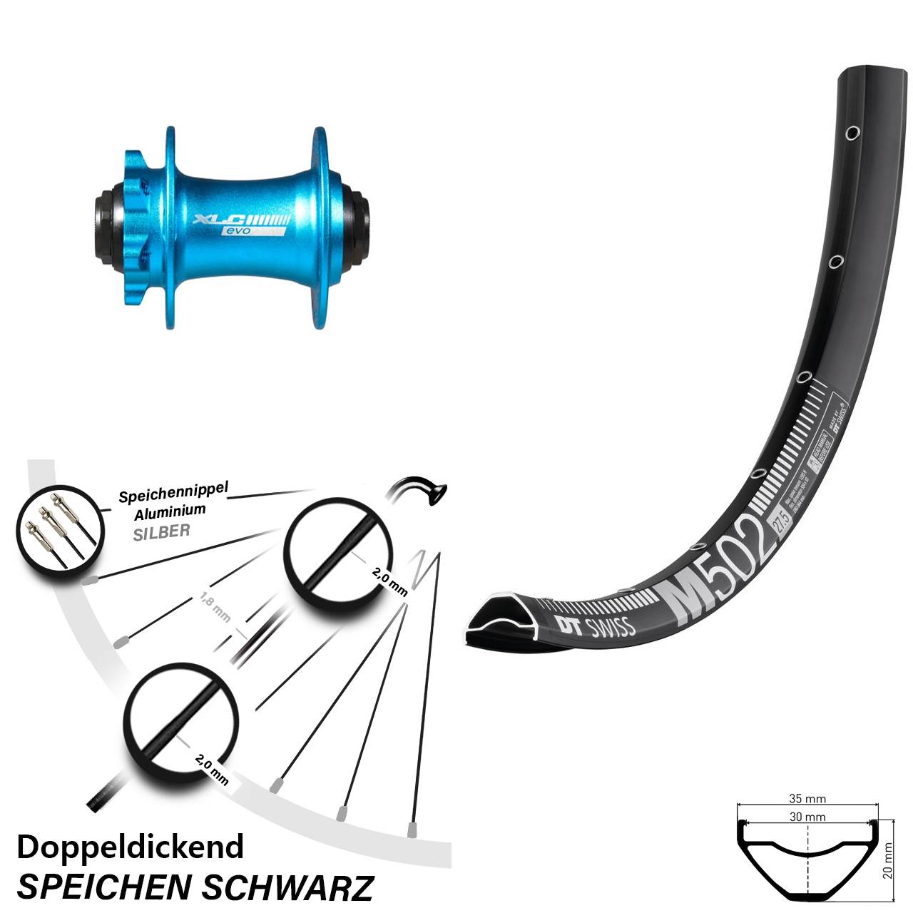 DT Swiss M502 XLC blau 27,5 Zoll 6-Loch Vorderrad 15x100