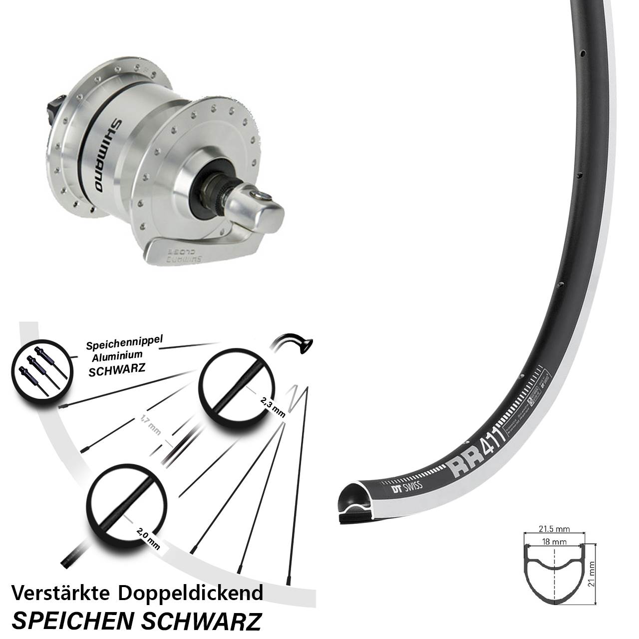 Nabendynamolaufrad 28 Zoll DT Swiss RR 411 Shimano DH3N72 für Schnellspanner