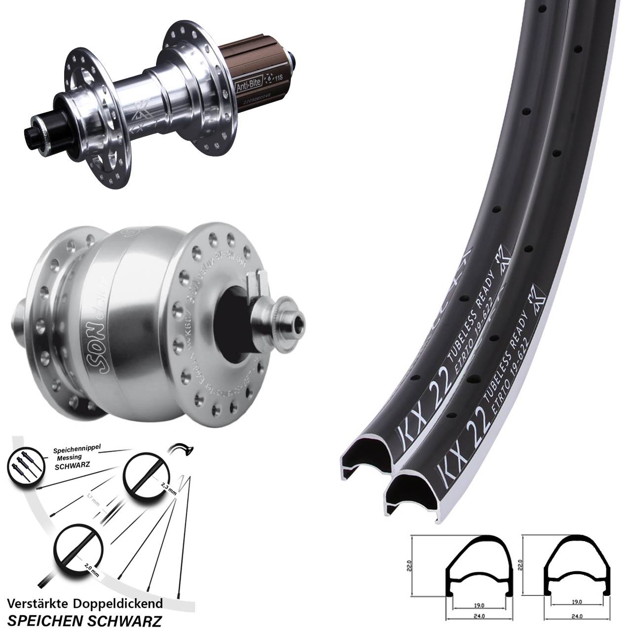 Laufradsatz für Schnellspanner 28 Zoll KX 22 OS KX-T SON delux 8-12 fach HG