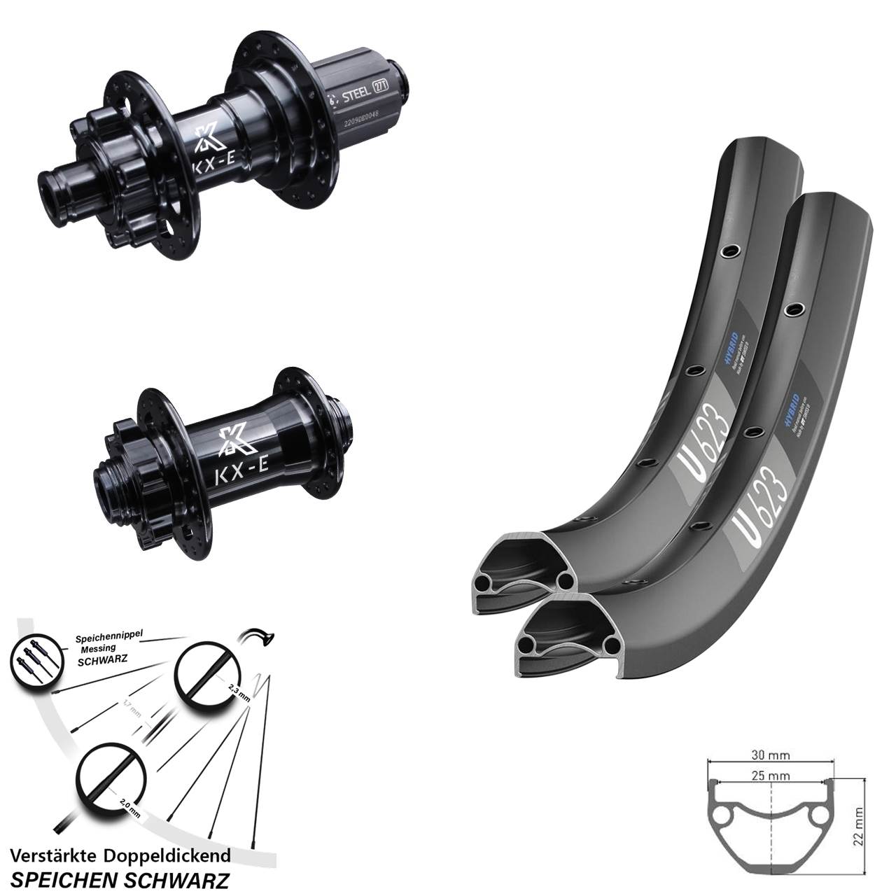 DT Swiss U 623 Disc E-Bike Laufradsatz verstärkt 6-loch Steckachse KX-E Nabe 8-12 fach