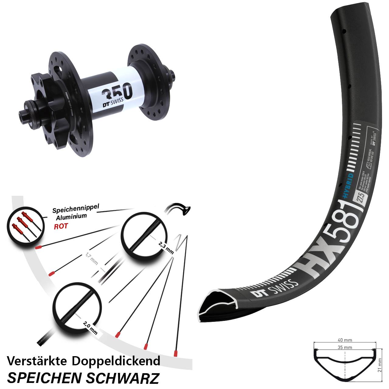 27,5 Zoll DT Swiss HX 581-350 6-Loch Vorderrad QR