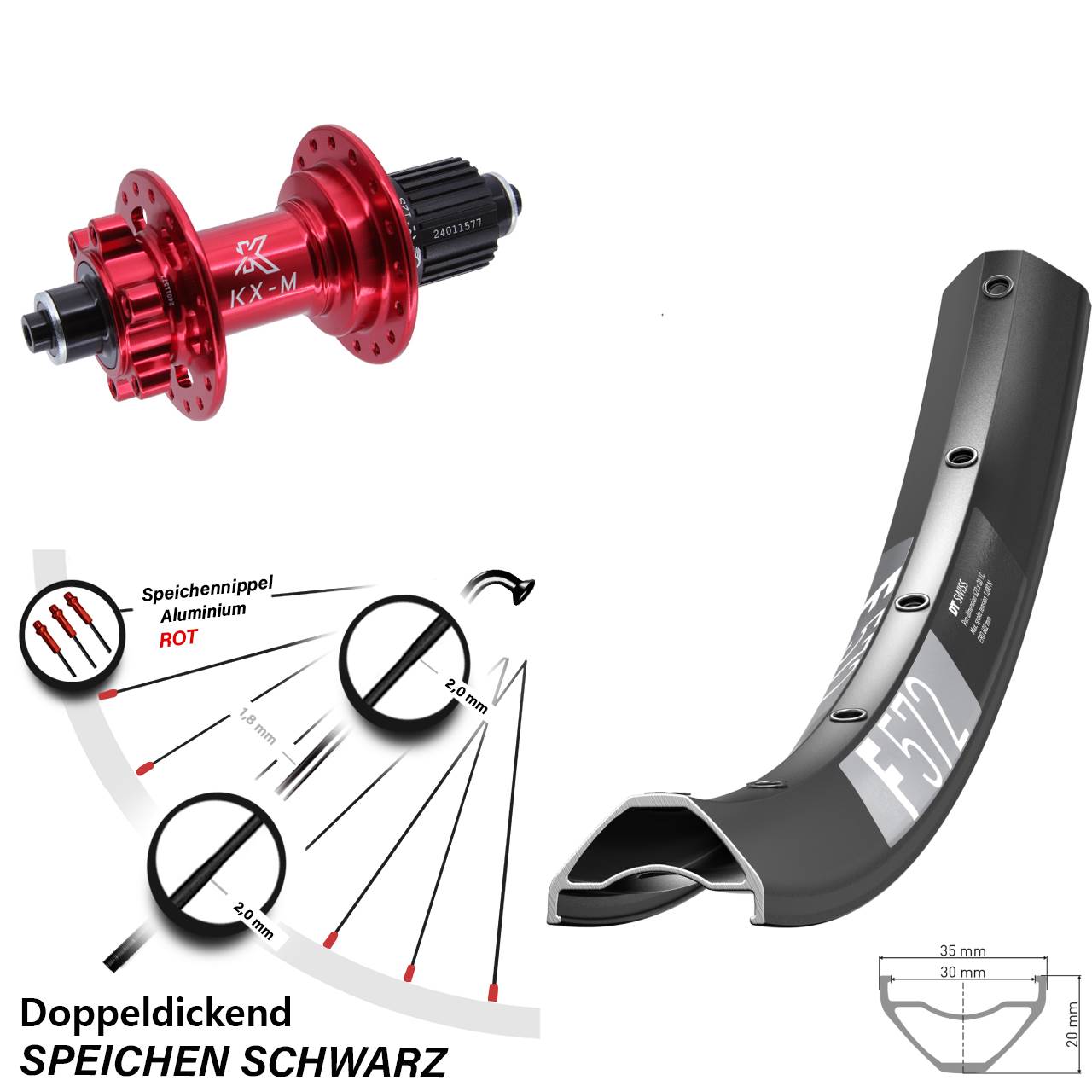27,5 Zoll DT Swiss F 572 KX-M rot Hinterrad 6-Loch QR Shimano Micro Spline