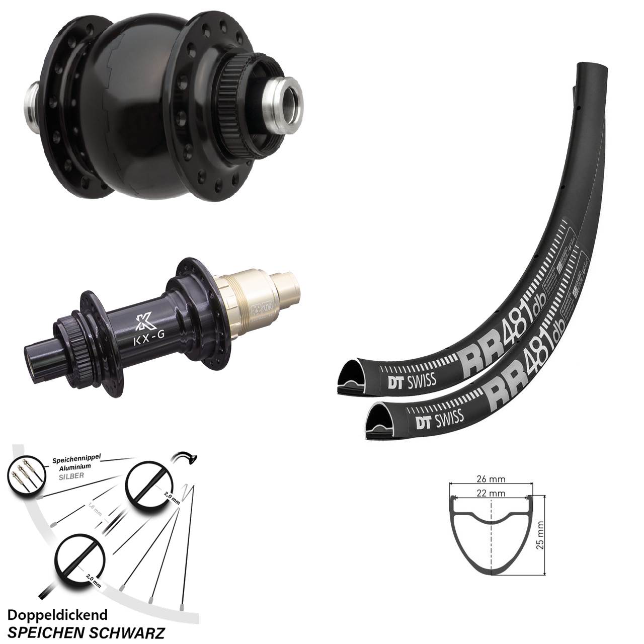 28 Zoll Laufradsatz Dynamo Disc DT Swiss RR 481 Nabe KX-G Son 28 Centerlock Sram XD-R