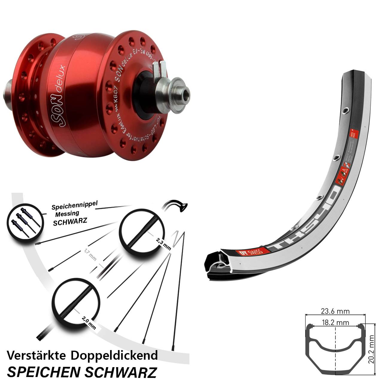 Nabendynamovorderrad für Schnellspanner 28 Zoll DT Swiss TK540 SONdelux rot