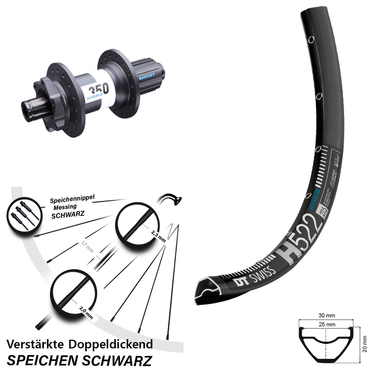 27,5 Zoll Hinterrad H 522 DT Swiss 350 Hybrid Boost 12x148 mm Shimano HG 11-fach E-Bike