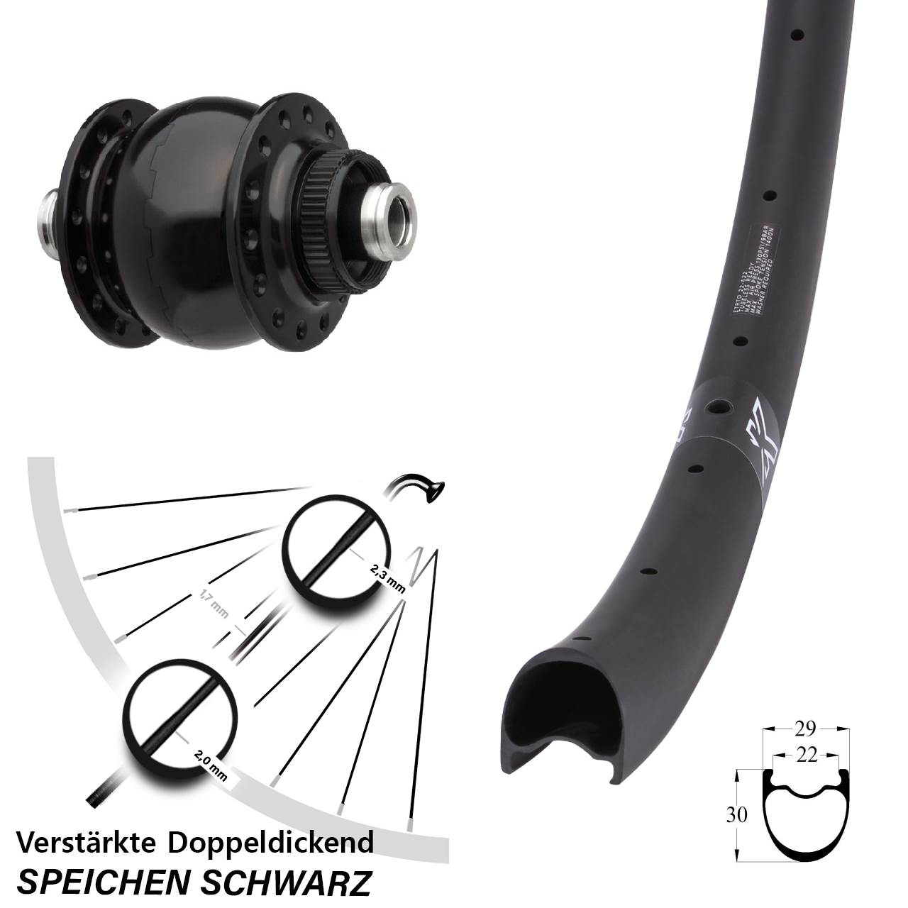 Vorderrad KX-RC Gravel Carbon SON delux Disc Centerlock Steckachse schwarz eloxiert