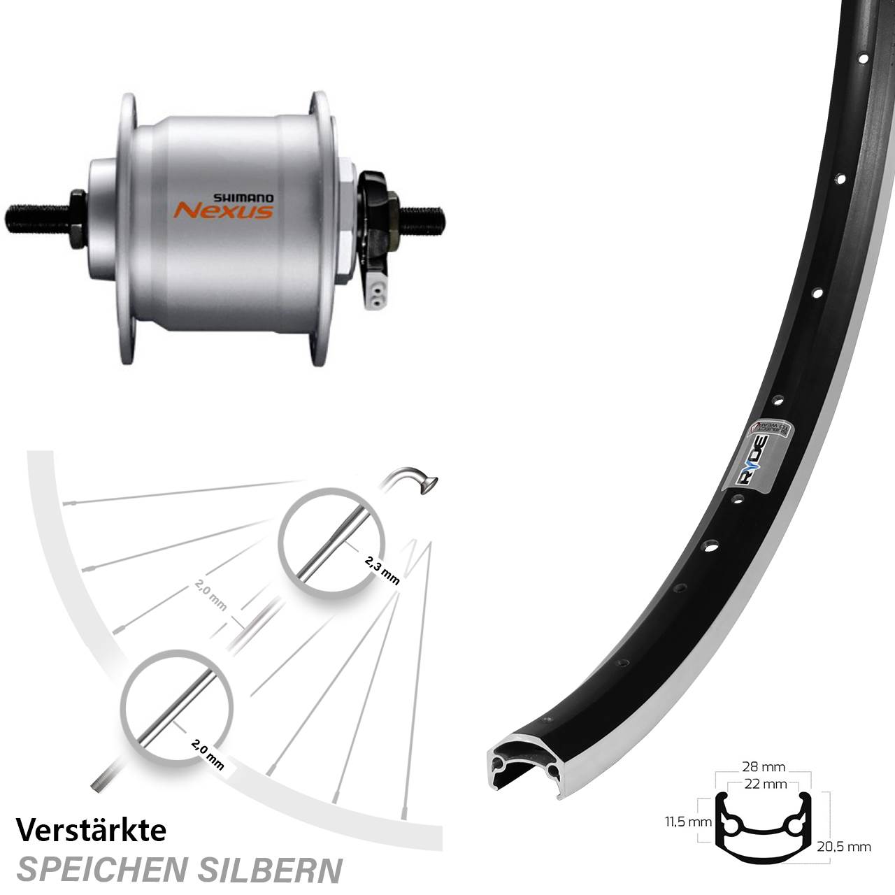 Vorderrad mit Nabendynamo 27,5 Zoll Ryde Andra 35 Shimano DH-C3000-3N Vollachse