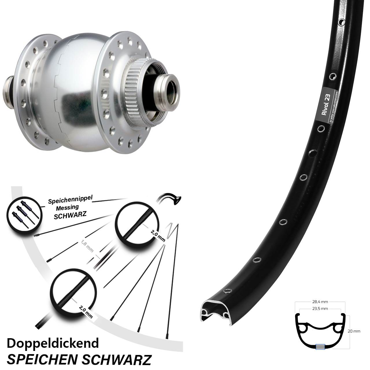 Disc Vorderrad mit Nabendynamo 12x100 27,5 Zoll Ryde Rival 23 SON delux