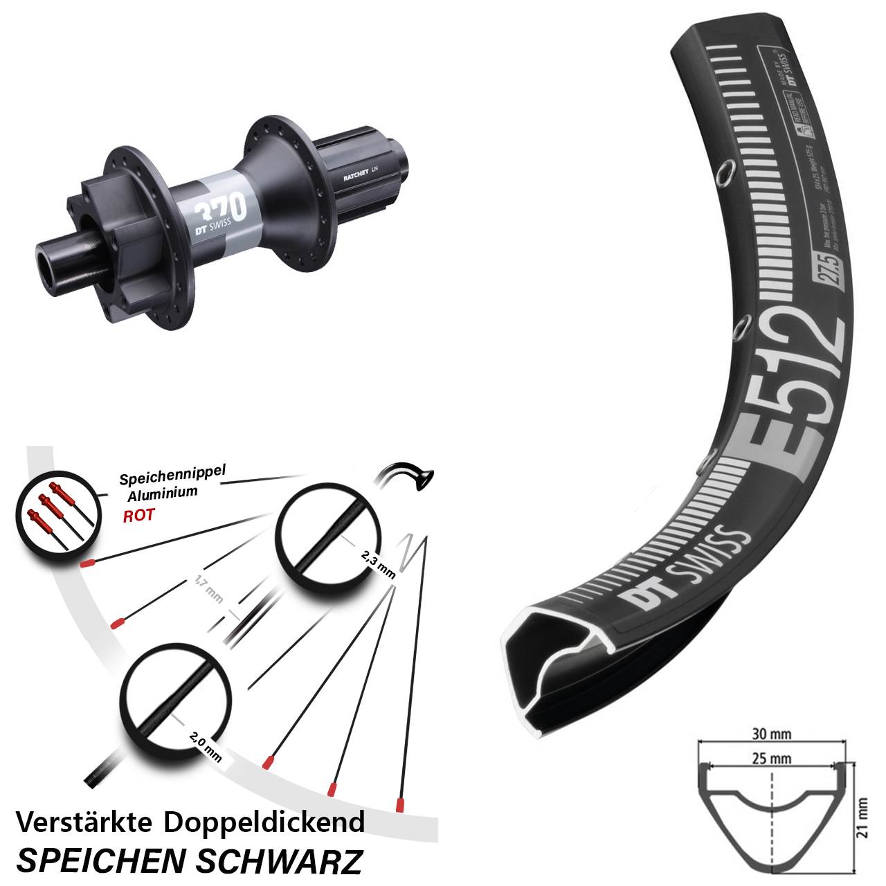 DT Swiss E 512-370 6-Loch 29 Zoll Hinterrad 12x148 Boost 8-11 fach HG