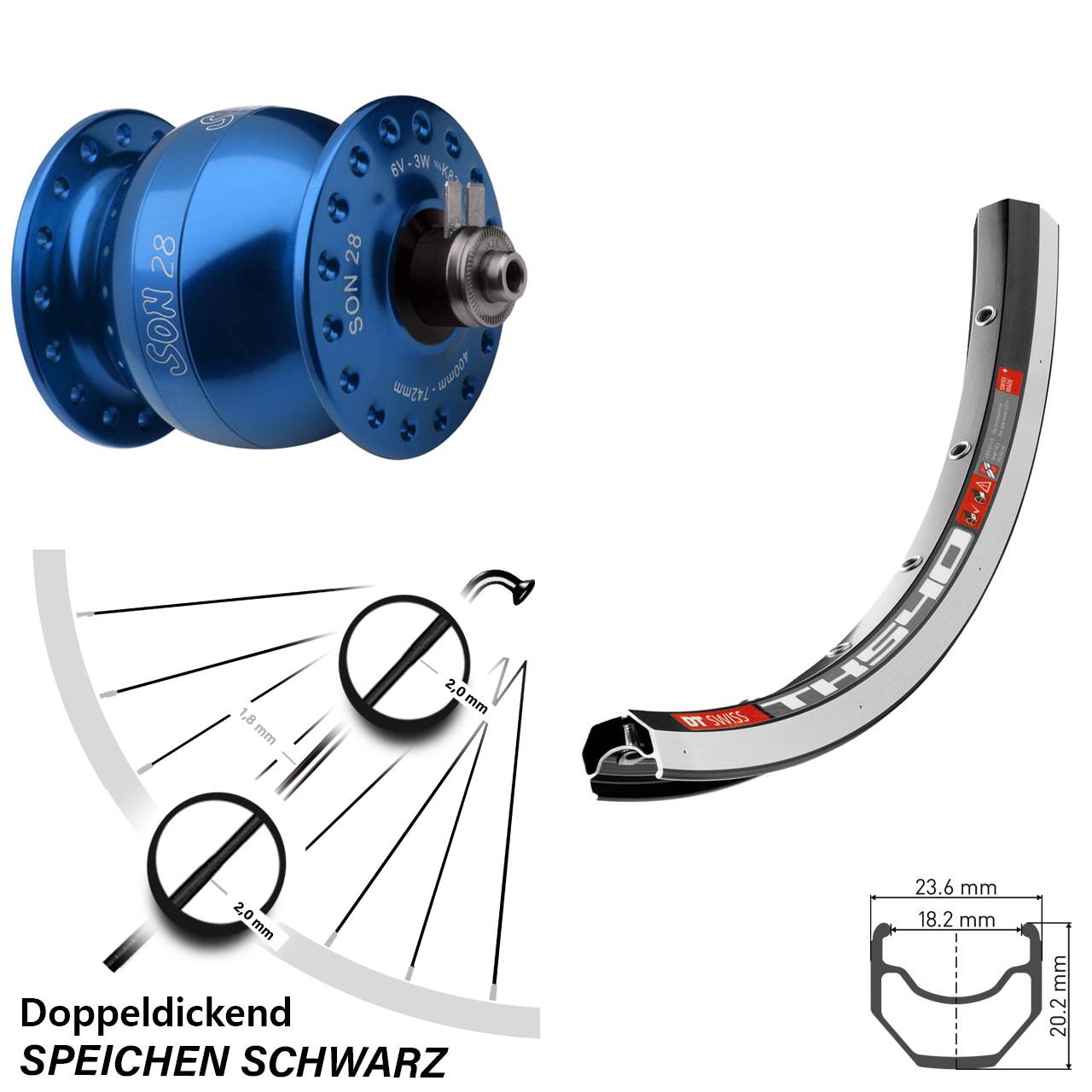 bllauer Son 28 Zoll Vorderes Rad mit Nabendynamo DT Swiss TK 540