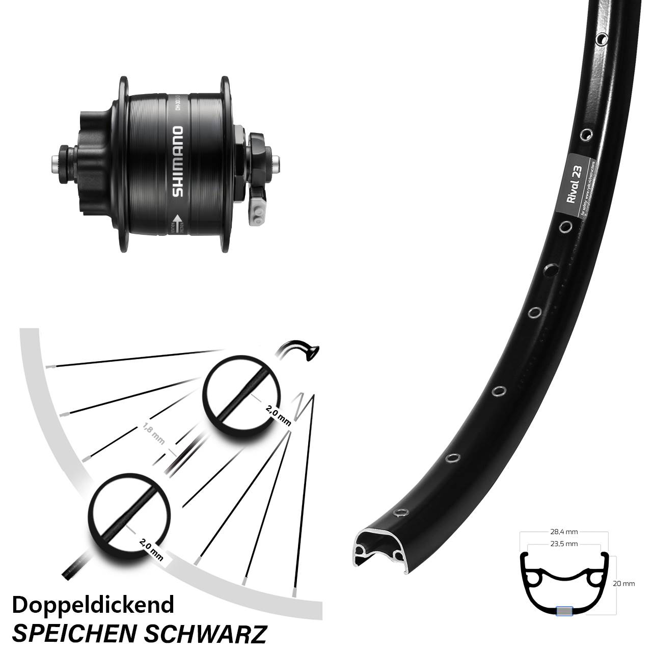 Ryde Rival 23 Shimano DH-3D32 27,5 Zoll Disc Vorderrad mit Nabendynamo für Schnellspanner