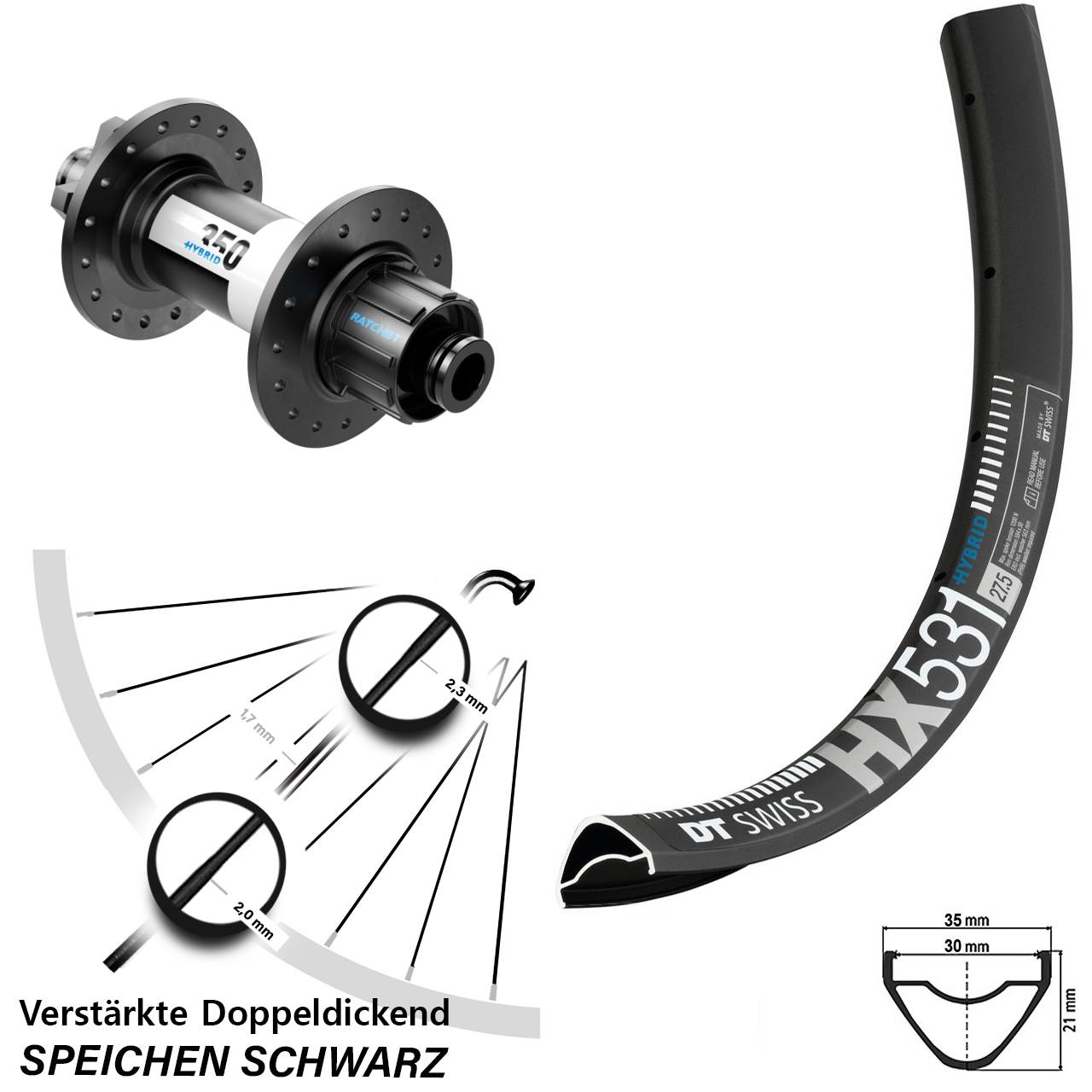 29 Zoll Hinterrad DT Swiss HX 531-350 Hybrid 6-Loch 12/148 Singlespeed