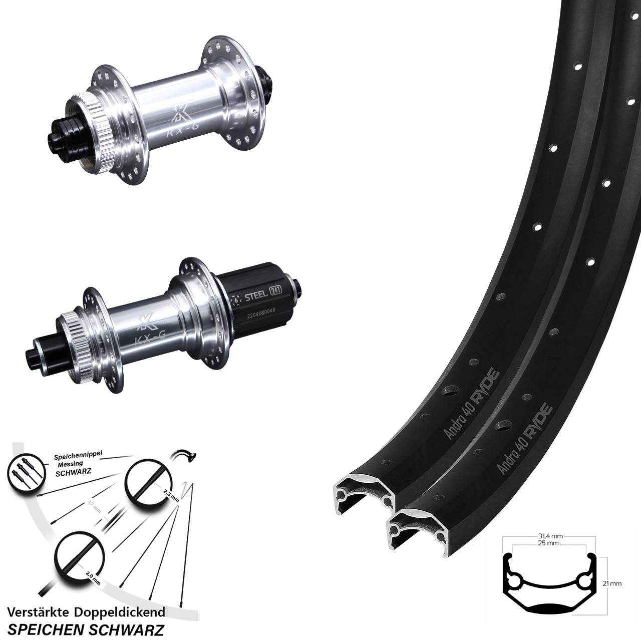Centerlock Laufradsatz QR 29 Zoll Ryde Andra 40 Disc KX-GS Heavy Duty 8-12 fach HG