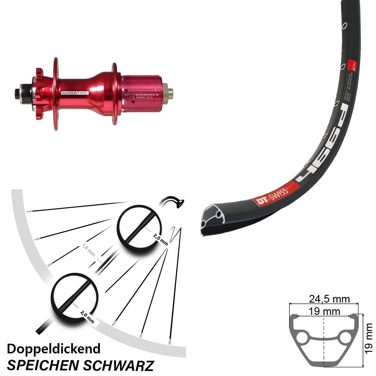 DT Swiss 466 Hinterrad 28-29 Zoll Novatec D792SB Superlight rot eloxiert 11-fach Shimano
