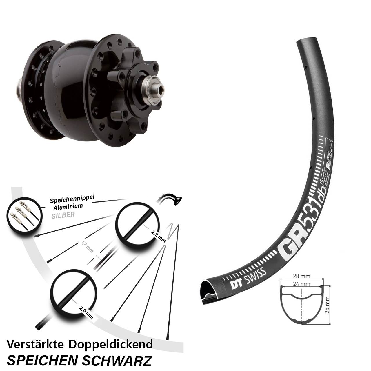 Disc Laufrad mit Nabendynamo 27,5 Zoll DT Swiss GR 531 SON 28 für Schnellspanner