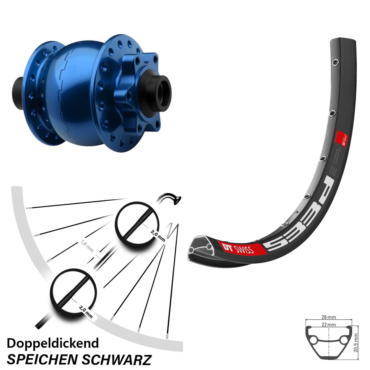 SON 28 Disc 6-Loch blau DT Swiss 533d 650B Vorderrad mit Nabendynamo 15x100